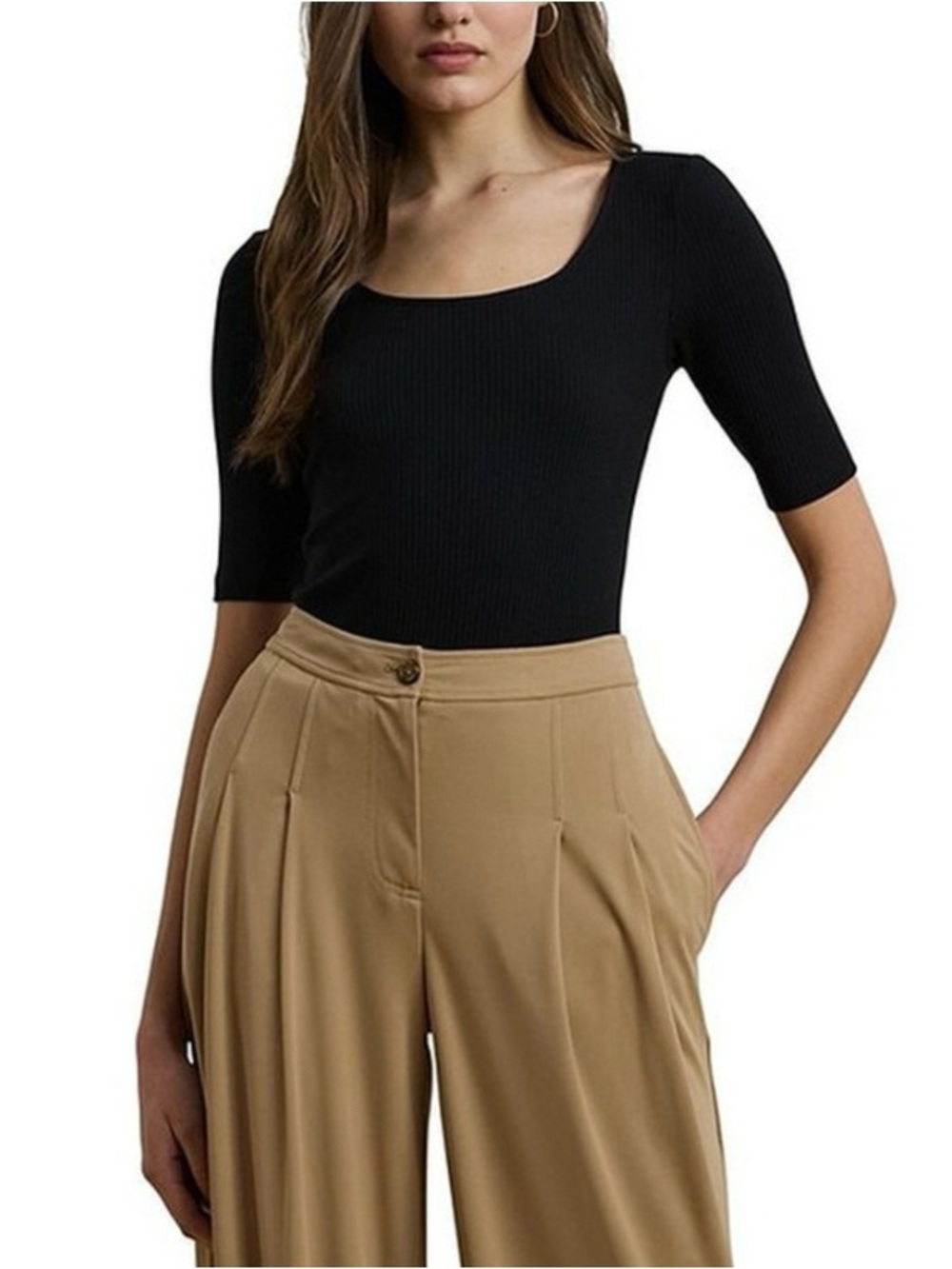 Lauren Ralph Lauren Women's Medium Black Rib-Knit Cotton-Blend Elbow-Sleeve Tee